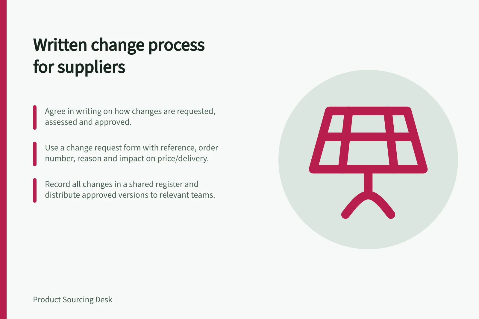 Written change process for suppliers: Agree in writing on how changes are requested, assessed and approved.; Use a change request form with reference, order number, reason and impact on price/delivery.; Record all changes in a shared register and distribute approved versions to relevant teams.