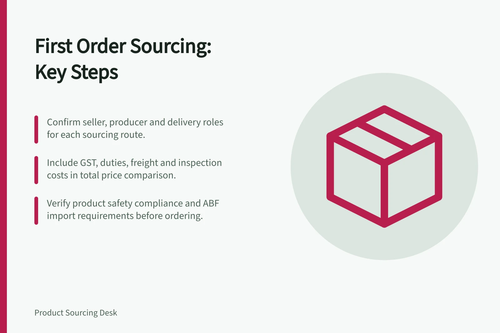 First Order Sourcing: Key Steps: Confirm seller, producer and delivery roles for each sourcing route.; Include GST, duties, freight and inspection costs in total price comparison.; Verify product safety compliance and ABF import requirements before ordering.