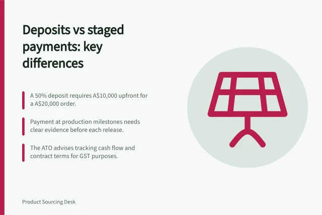 Deposits vs staged payments: key differences: A 50% deposit requires A$10,000 upfront for a A$20,000 order.; Payment at production milestones needs clear evidence before each release.; The ATO advises tracking cash flow and contract terms for GST purposes. Comparing deposits with staged supplier payments