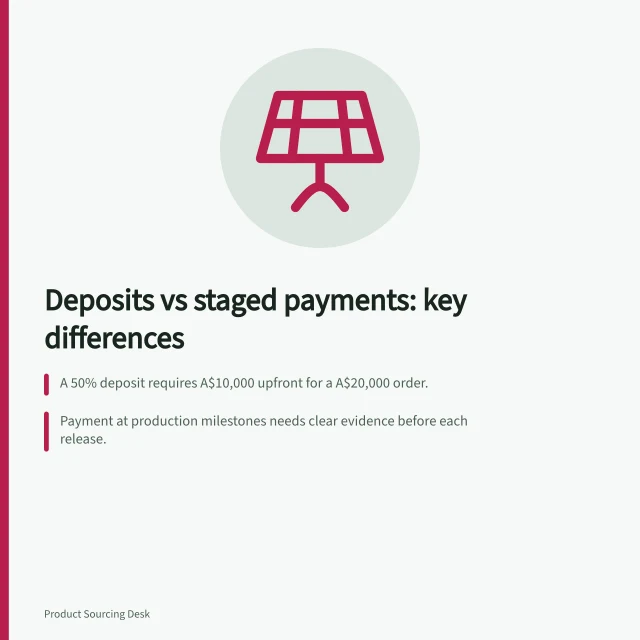 Deposits vs staged payments: key differences: A 50% deposit requires A$10,000 upfront for a A$20,000 order.; Payment at production milestones needs clear evidence before each release.; The ATO advises tracking cash flow and contract terms for GST purposes. Comparing deposits with staged supplier payments