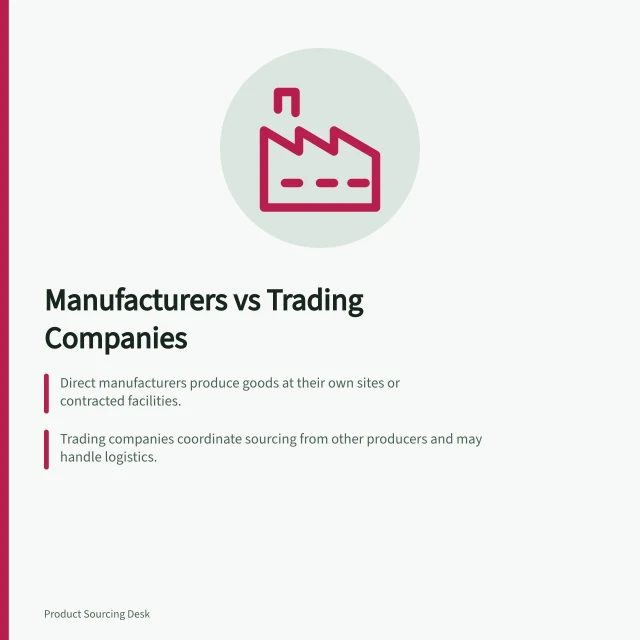 Manufacturers vs Trading Companies: Direct manufacturers produce goods at their own sites or contracted facilities.; Trading companies coordinate sourcing from other producers and may handle logistics.; Both routes require clear agreement on responsibility, changes and defect resolution. Comparing manufacturers with trading companies