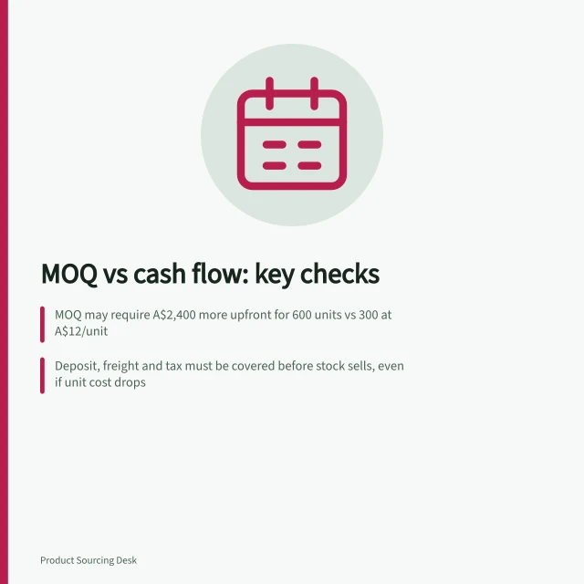 MOQ vs cash flow: key checks: MOQ may require A$2,400 more upfront for 600 units vs 300 at A$12/unit; Deposit, freight and tax must be covered before stock sells, even if unit cost drops; Stock above cautious sales forecast risks storage, discounting or disposal. Comparing minimum order quantities with cash needs