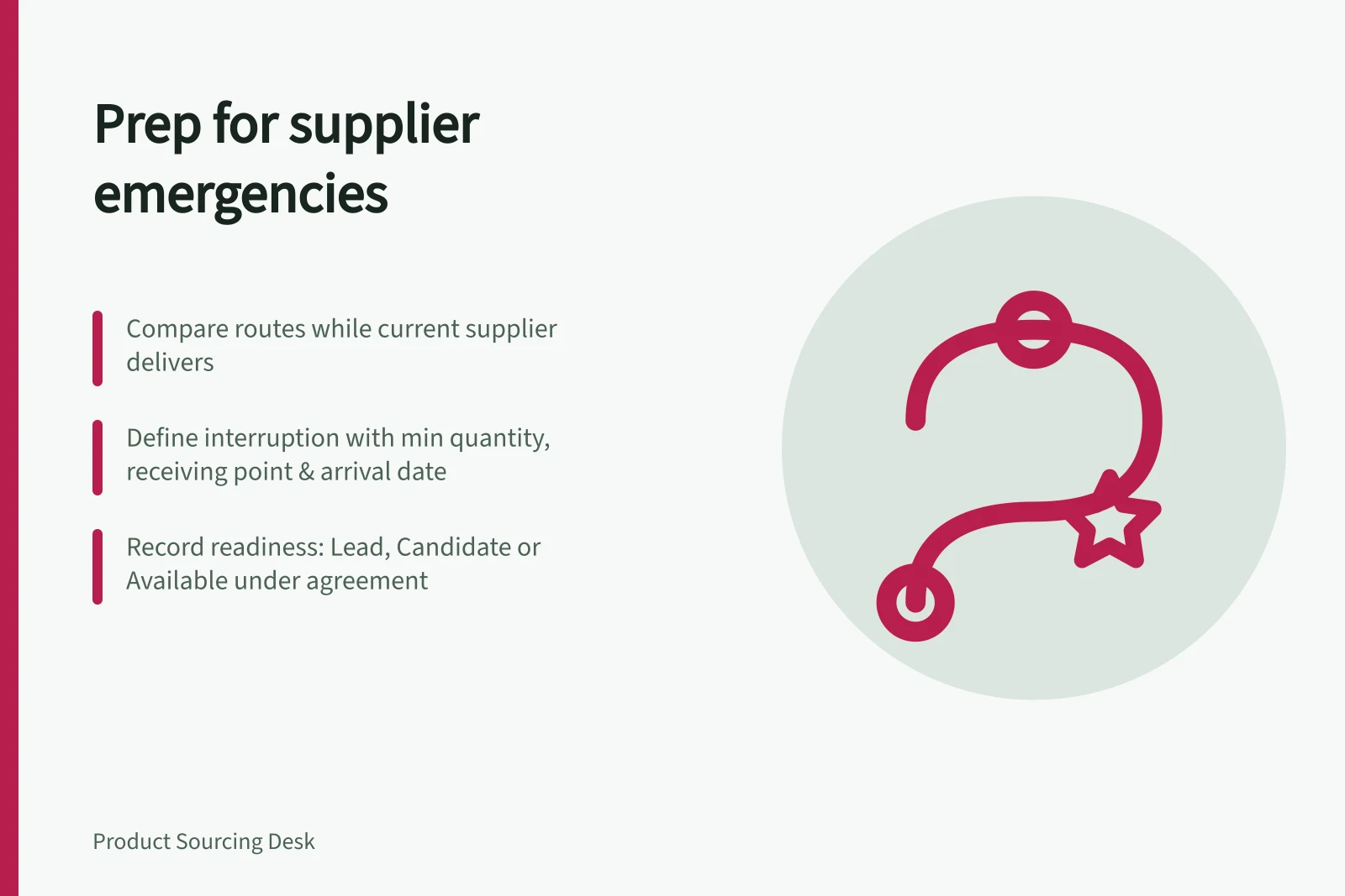 Prep for supplier emergencies: Compare routes while current supplier delivers; Define interruption with min quantity, receiving point & arrival date; Record readiness: Lead, Candidate or Available under agreement