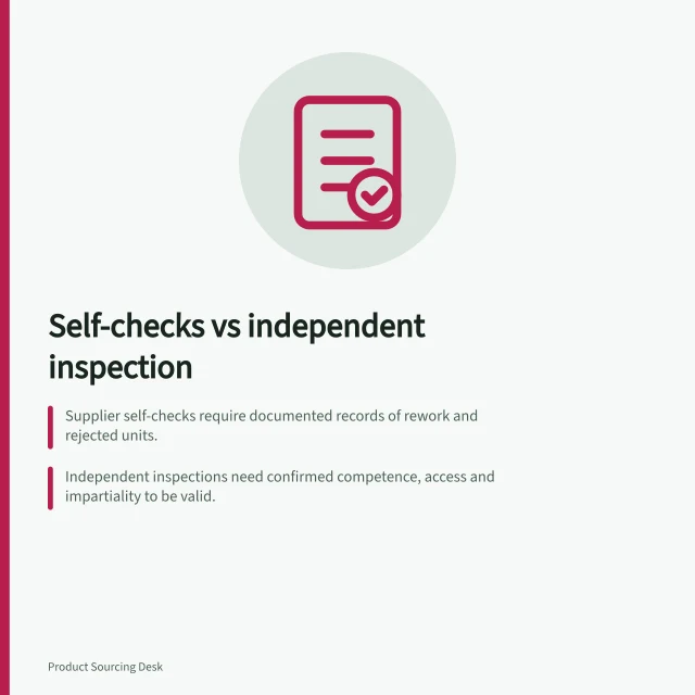 Self-checks vs independent inspection: Supplier self-checks require documented records of rework and rejected units.; Independent inspections need confirmed competence, access and impartiality to be valid.; Both methods leave the buyer responsible for final safety and compliance in Australia. Comparing supplier self-checks with independent inspection