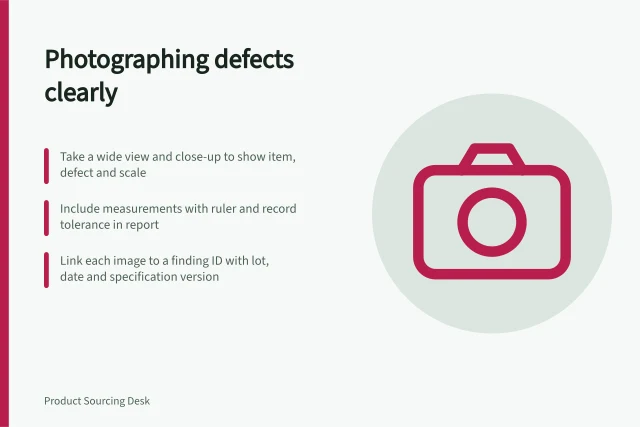 Photographing defects clearly: Take a wide view and close-up to show item, defect and scale; Include measurements with ruler and record tolerance in report; Link each image to a finding ID with lot, date and specification version. Documenting defects with useful photographs