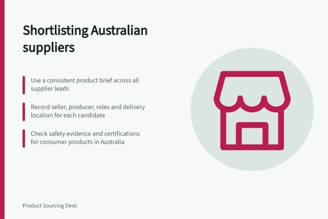 Shortlisting Australian suppliers: Use a consistent product brief across all supplier leads; Record seller, producer, roles and delivery location for each candidate; Check safety evidence and certifications for consumer products in Australia. Finding and shortlisting suppliers