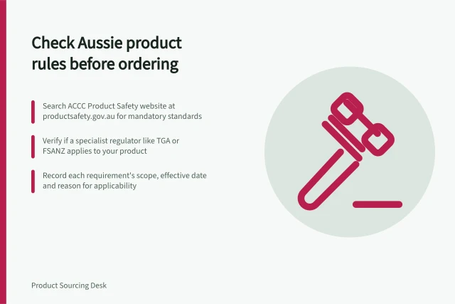 Check Aussie product rules before ordering: Search ACCC Product Safety website at productsafety.gov.au for mandatory standards; Verify if a specialist regulator like TGA or FSANZ applies to your product; Record each requirement's scope, effective date and reason for applicability. Identifying product-specific requirements before ordering