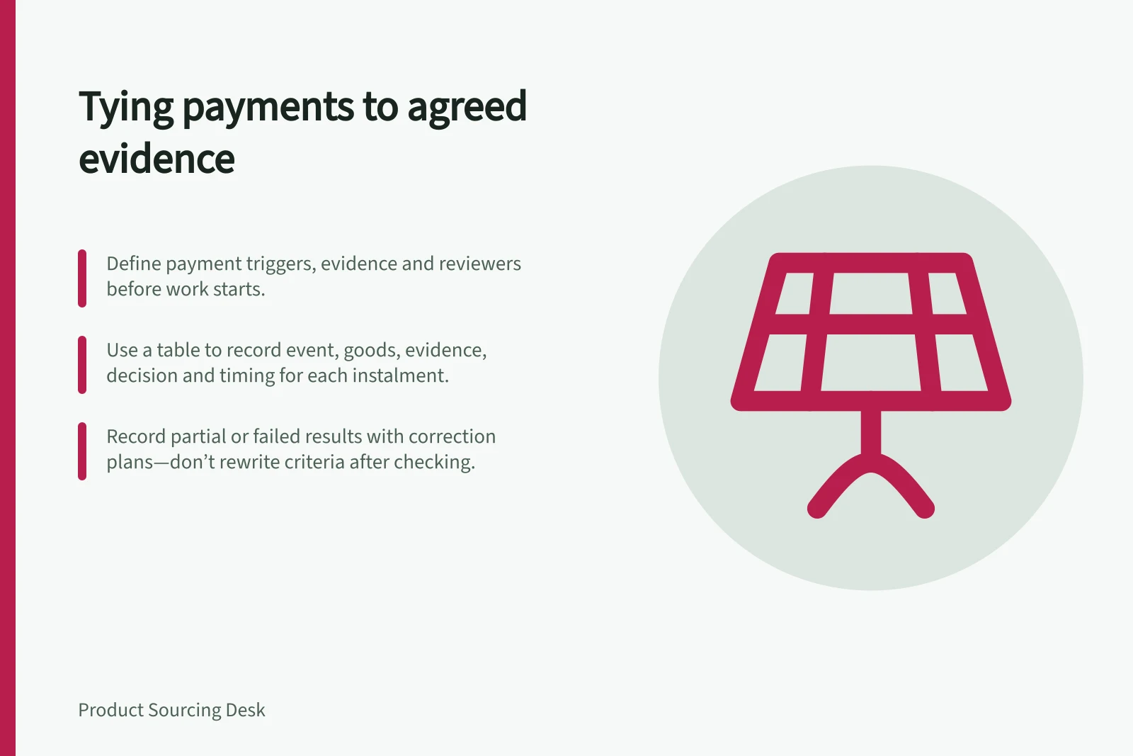 Tying payments to agreed evidence: Define payment triggers, evidence and reviewers before work starts.; Use a table to record event, goods, evidence, decision and timing for each instalment.; Record partial or failed results with correction plans—don’t rewrite criteria after checking.