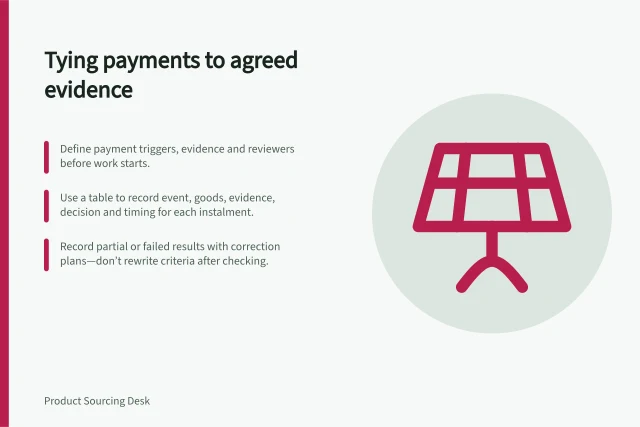 Tying payments to agreed evidence: Define payment triggers, evidence and reviewers before work starts.; Use a table to record event, goods, evidence, decision and timing for each instalment.; Record partial or failed results with correction plans—don’t rewrite criteria after checking. Keeping payment milestones tied to agreed evidence