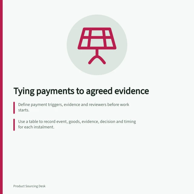 Tying payments to agreed evidence: Define payment triggers, evidence and reviewers before work starts.; Use a table to record event, goods, evidence, decision and timing for each instalment.; Record partial or failed results with correction plans—don’t rewrite criteria after checking. Keeping payment milestones tied to agreed evidence