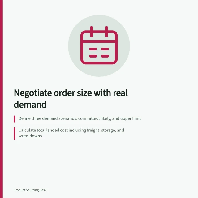 Negotiate order size with real demand: Define three demand scenarios: committed, likely, and upper limit; Calculate total landed cost including freight, storage, and write-downs; Record binding terms for price, delivery, and cancellation to avoid misinterpretation. Negotiating order quantity without hiding the real demand