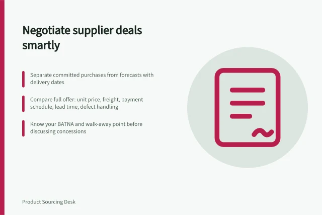 Negotiate supplier deals smartly: Separate committed purchases from forecasts with delivery dates; Compare full offer: unit price, freight, payment schedule, lead time, defect handling; Know your BATNA and walk-away point before discussing concessions. Negotiating with suppliers