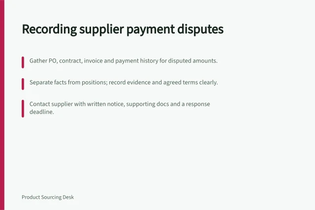 Recording supplier payment disputes: Gather PO, contract, invoice and payment history for disputed amounts.; Separate facts from positions; record evidence and agreed terms clearly.; Contact supplier with written notice, supporting docs and a response deadline. Recording a supplier payment dispute