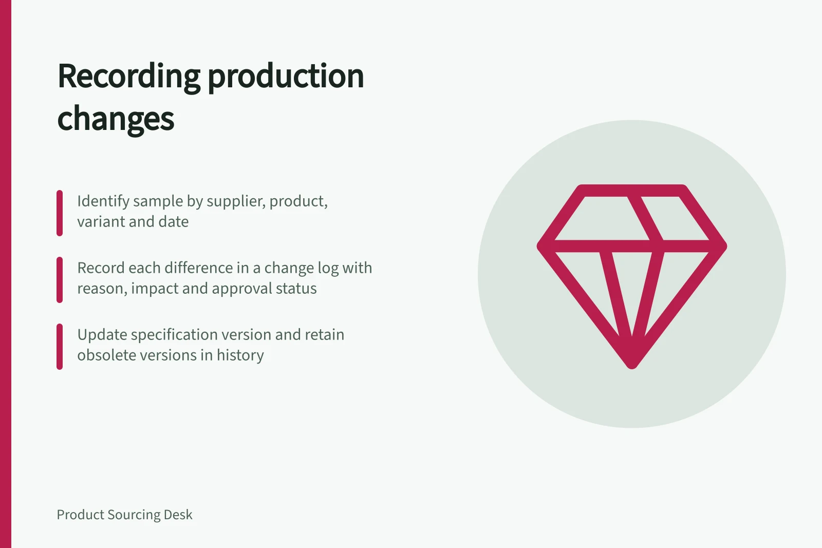 Recording production changes: Identify sample by supplier, product, variant and date; Record each difference in a change log with reason, impact and approval status; Update specification version and retain obsolete versions in history