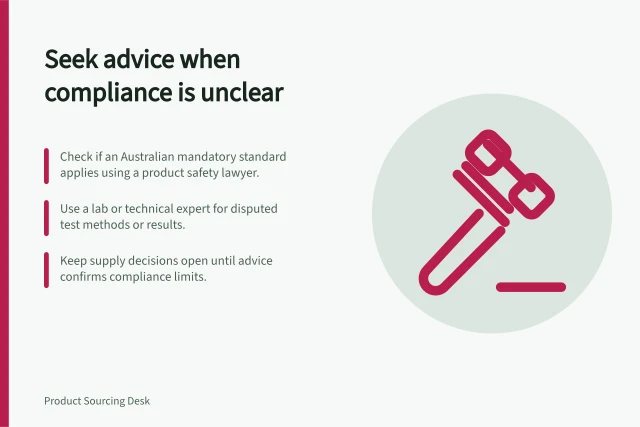 Seek advice when compliance is unclear: Check if an Australian mandatory standard applies using a product safety lawyer.; Use a lab or technical expert for disputed test methods or results.; Keep supply decisions open until advice confirms compliance limits. Seeking qualified advice when compliance evidence is unclear