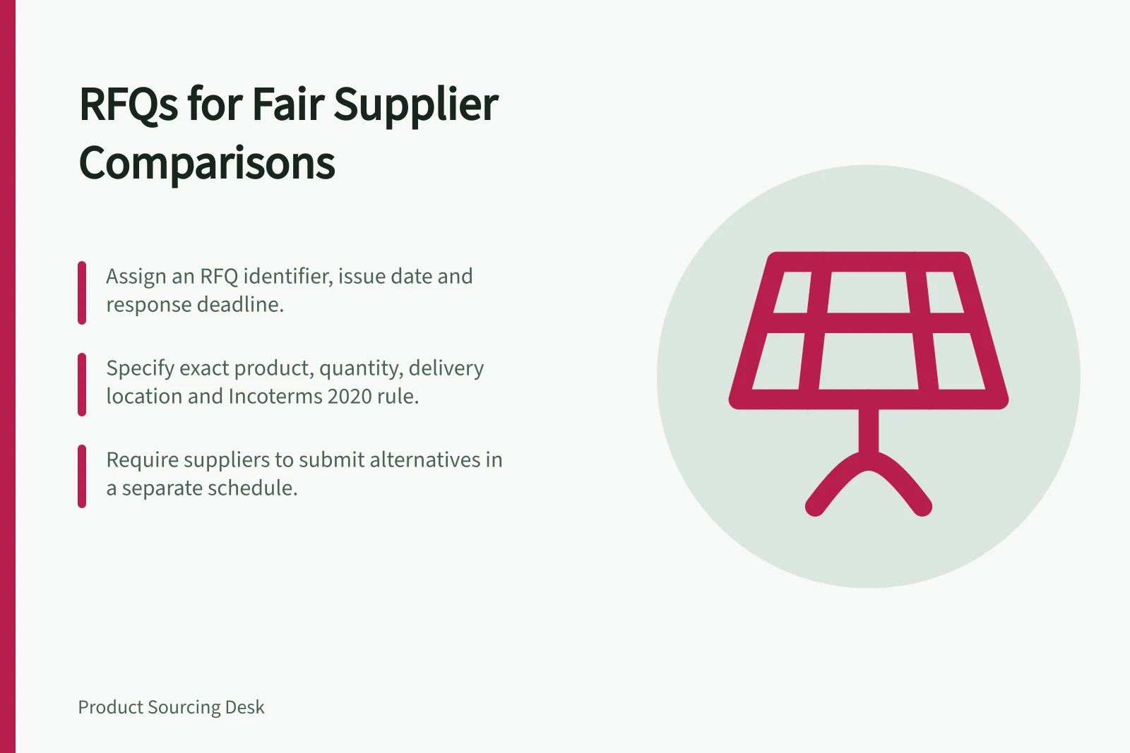 RFQs for Fair Supplier Comparisons: Assign an RFQ identifier, issue date and response deadline.; Specify exact product, quantity, delivery location and Incoterms 2020 rule.; Require suppliers to submit alternatives in a separate schedule.