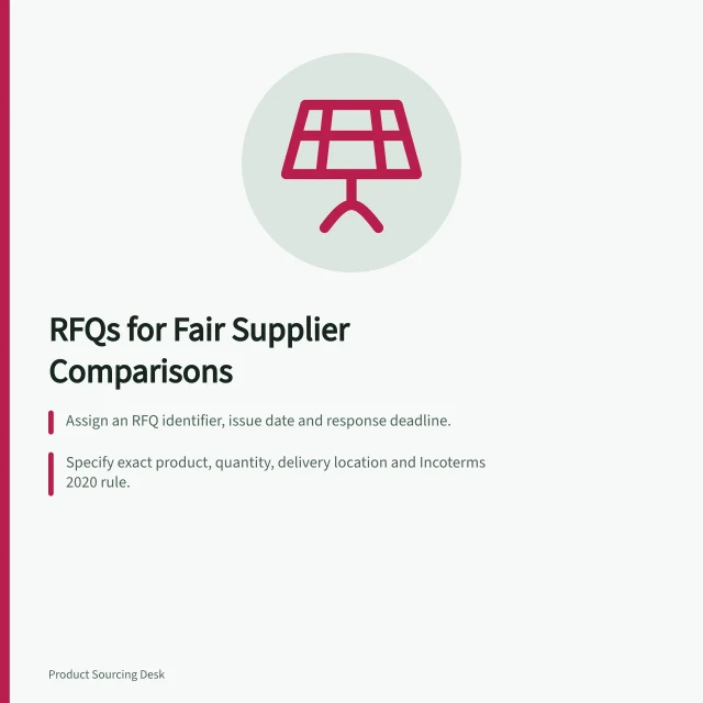 RFQs for Fair Supplier Comparisons: Assign an RFQ identifier, issue date and response deadline.; Specify exact product, quantity, delivery location and Incoterms 2020 rule.; Require suppliers to submit alternatives in a separate schedule. Writing an RFQ that produces comparable offers